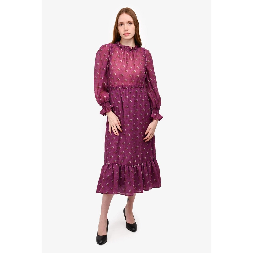 Sea New York Purple Floral Alexis Ruffle Maxi Dress Puff Long  Sleeve Wool  8